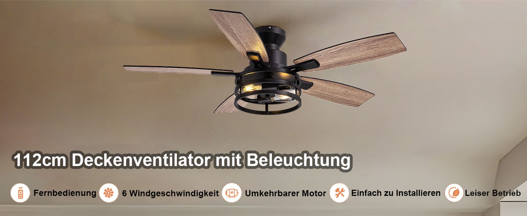 112cm Deckenventilator mit Beleuchtung und Fernbedienung, DC Motor, 2x E27 Glühbirnen, 6 Windgeschwindigkeit, Timer, für Wohnzimmer Küche Esszim