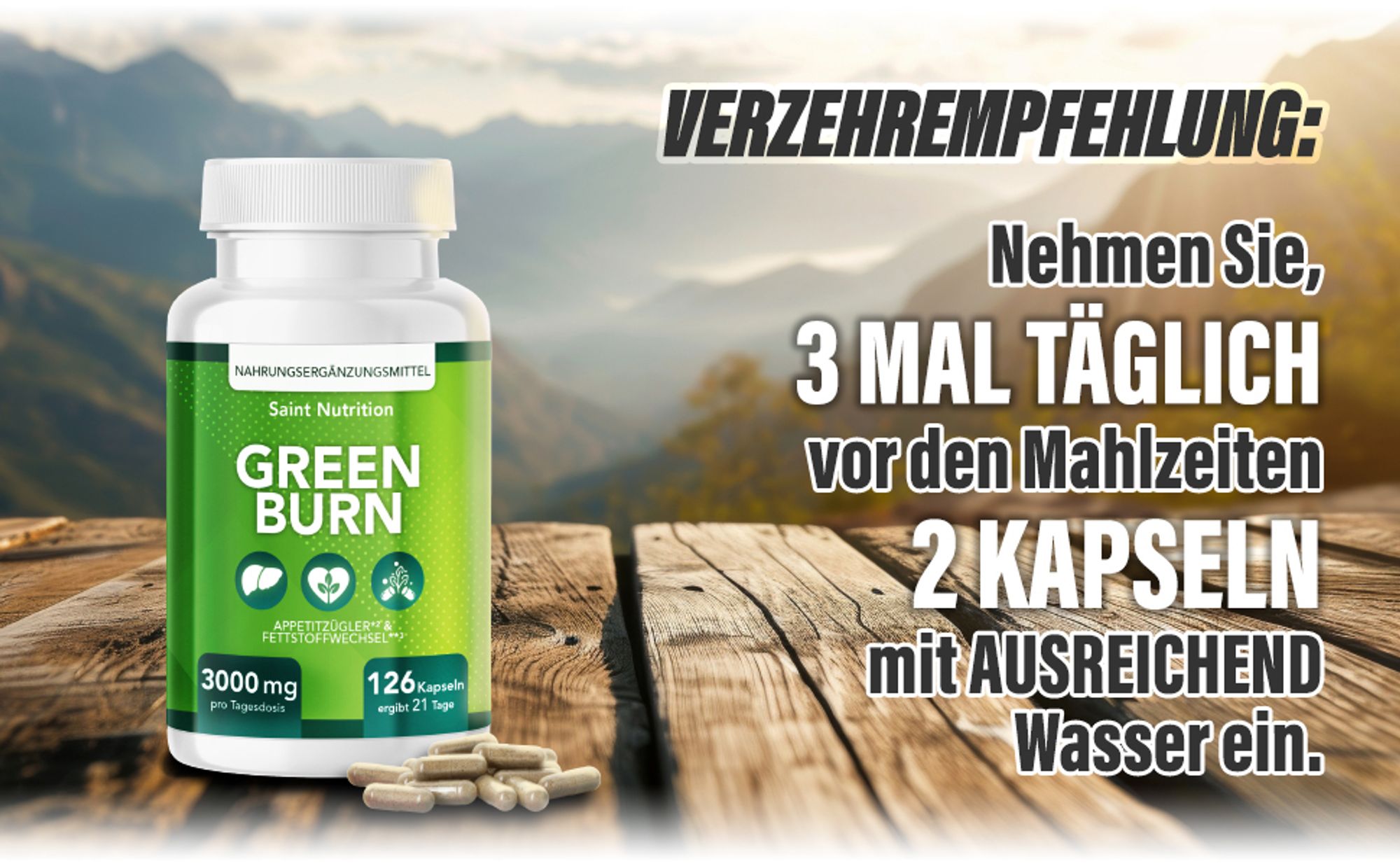 Saint Nutrition® Green Burn – Appetitzügler – hochdosiert - Glucomannan, Cholin, Vitamin B1 + B6 – Unterstützung für Abnеhmen - schnell abnеhmen