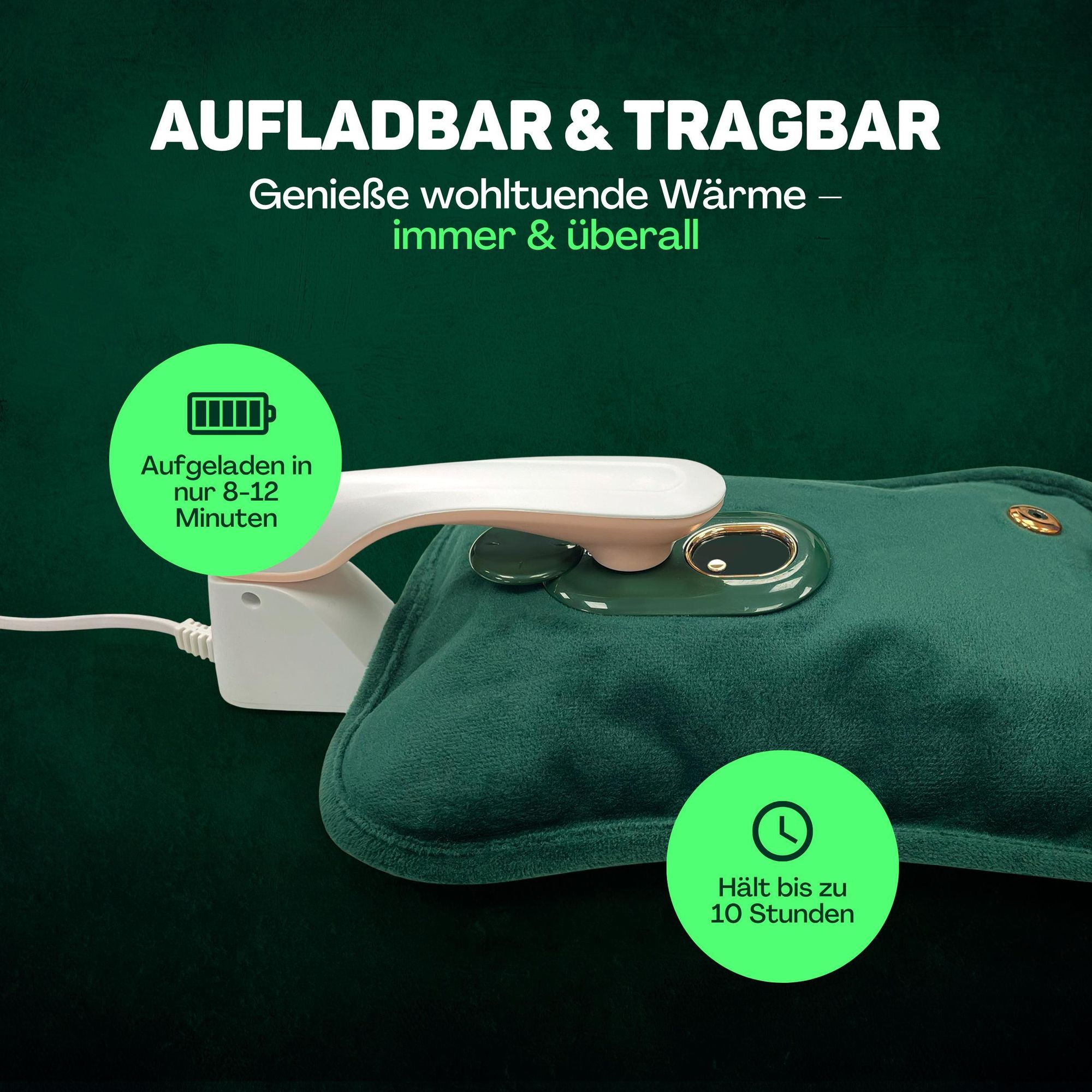 Vulpes Goods Elektrische Wärmflasche, Heizkissen kabellos - Rücken, Nacken & Fuß-Wärmer| Wiederaufladbar Bauchwärmer Wärmekissen mit Digitalanzeige