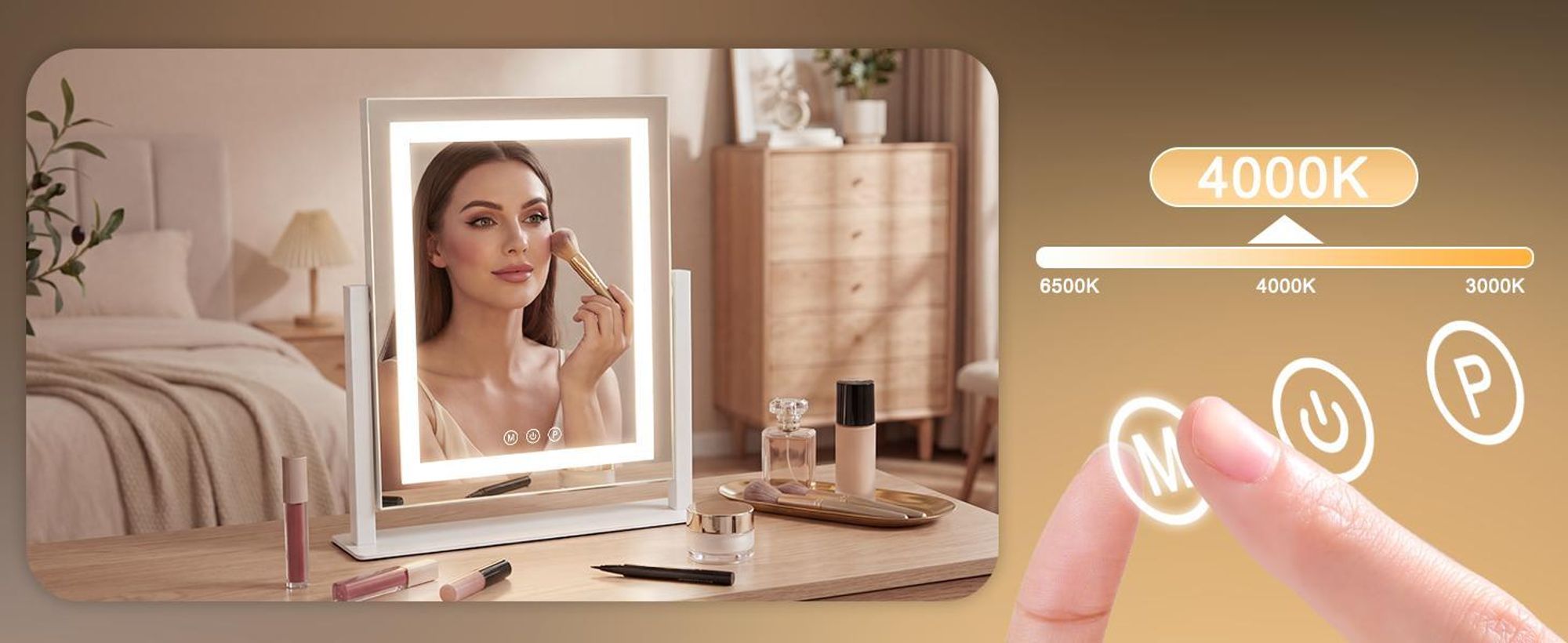 Specchio da trucco a LED ZMH con illuminazione, 25×30 cm, 3 modalità, specchio da toeletta, piccolo specchio cosmetico, specchio da tavolo con luce, specchio da trucco, dimmerabile tramite tocco