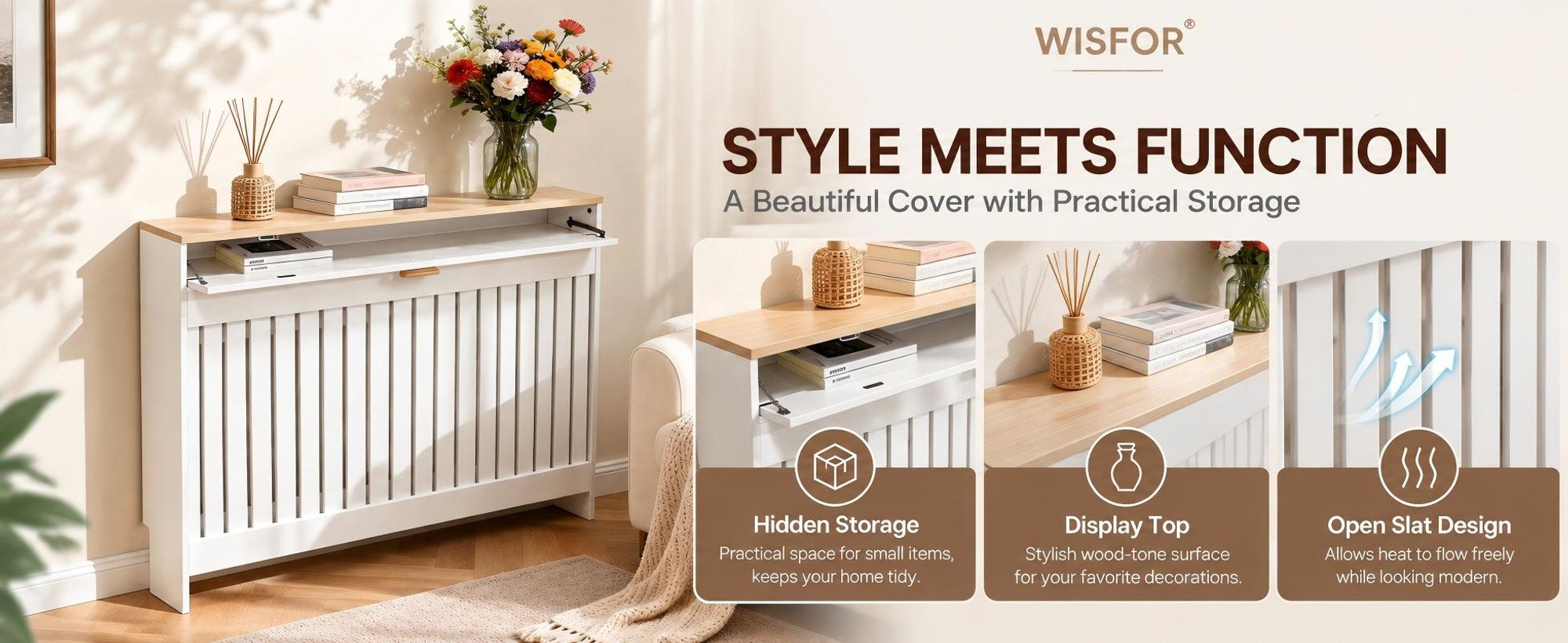 WISFOR Heizkörperverkleidung Heizkörperabdeckung mit Schublade, 112,5×19×95,5 cm, Weiß & Holzoptik