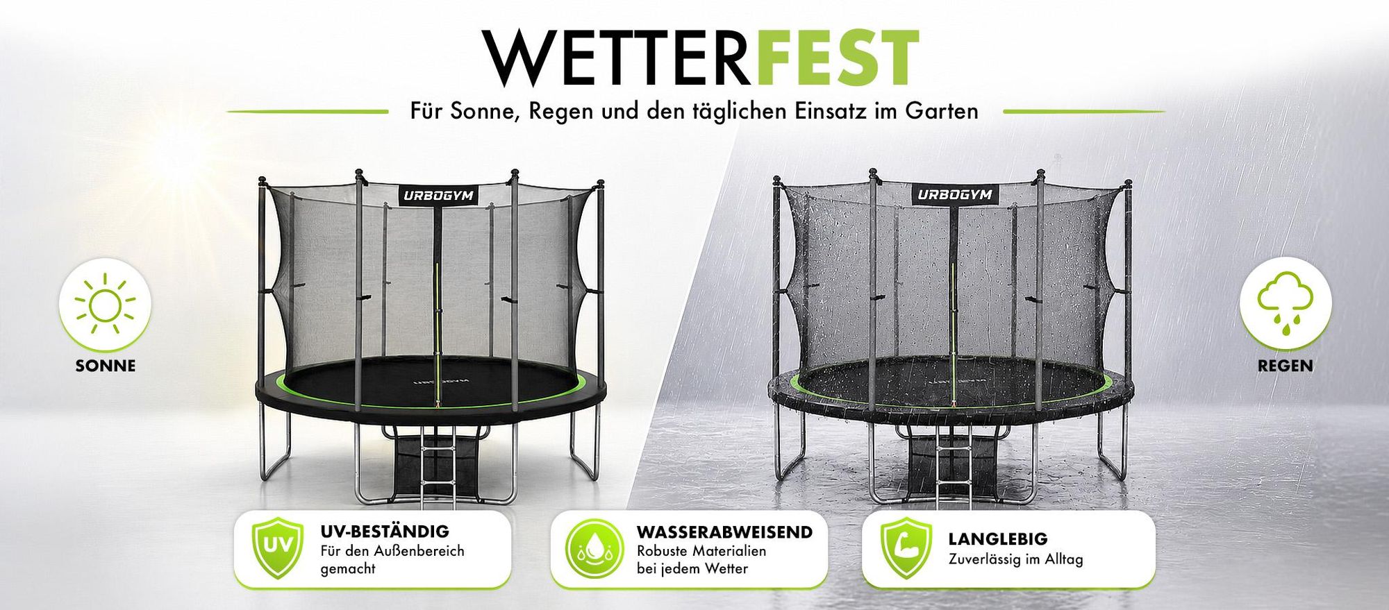 URBOGYM Trampolin JUMPER 14FT Gartentrampolin für Kinder Komplett-Set mit Sicherheitsnetz, Leiter, Randabdeckung, Outdoor, Grün, robust, Ø 435 cm