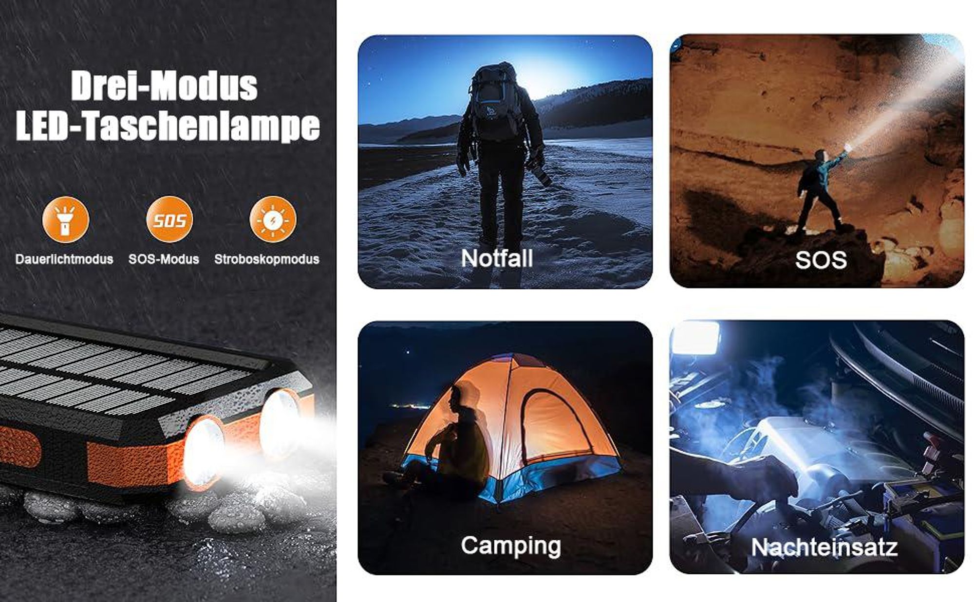 Solar Powerbank, 30000mAh Wasserdichtes Solar Ladegerät USB Externer Akku mit 2 Outputs, Power Bank für Smartphones, Tablets und mehr