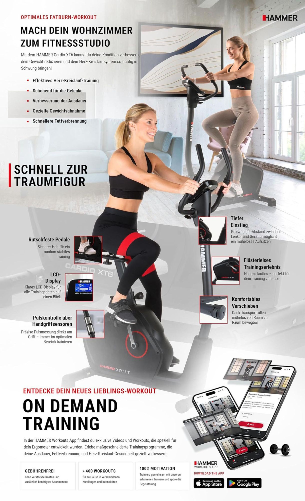 HAMMER Ergometer Cardio XT6 BT, tiefer Einstieg, für müheloses Aufsitzen, optimaler Pedalabstand, Training durch App-Steuerung möglich
