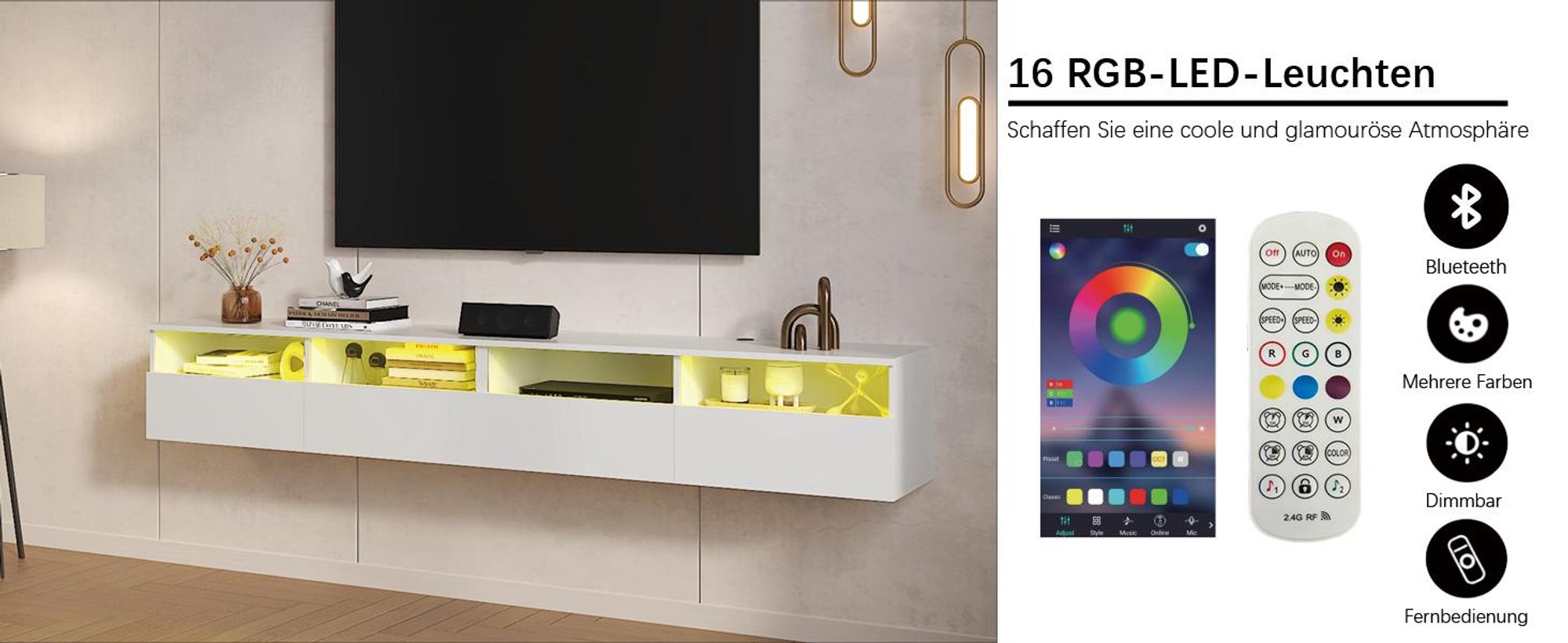 Radelldar Lowboard mit LED-Beleuchtung, TV-Schrank, hängend, grifflose TV-Board, 4 Schubladen mit Acryl,  200 cm, Weiß