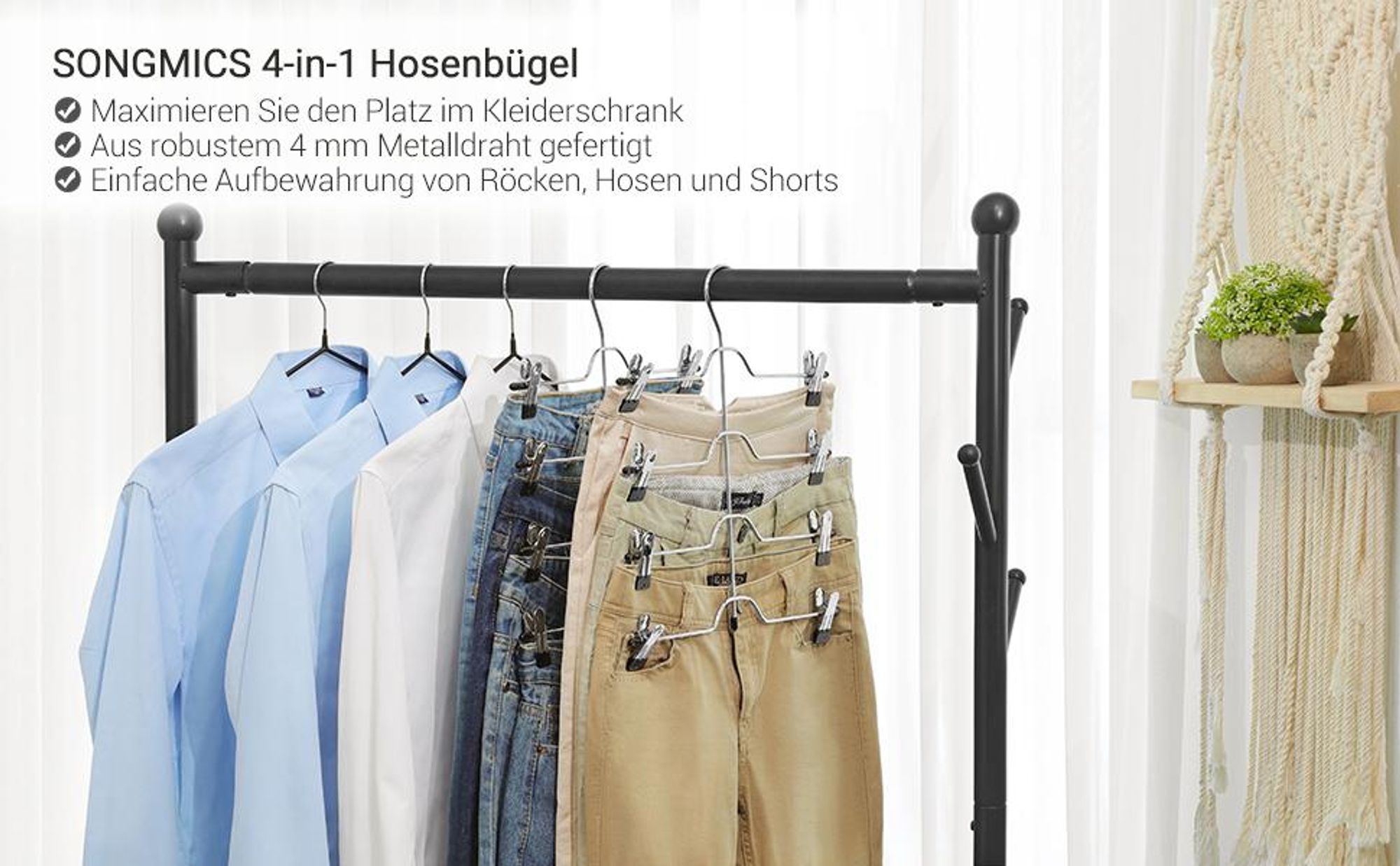 SONGMICS Hosenbügel platzsparend, Mehrfach-Rockbügel mit Clips, 3er Set