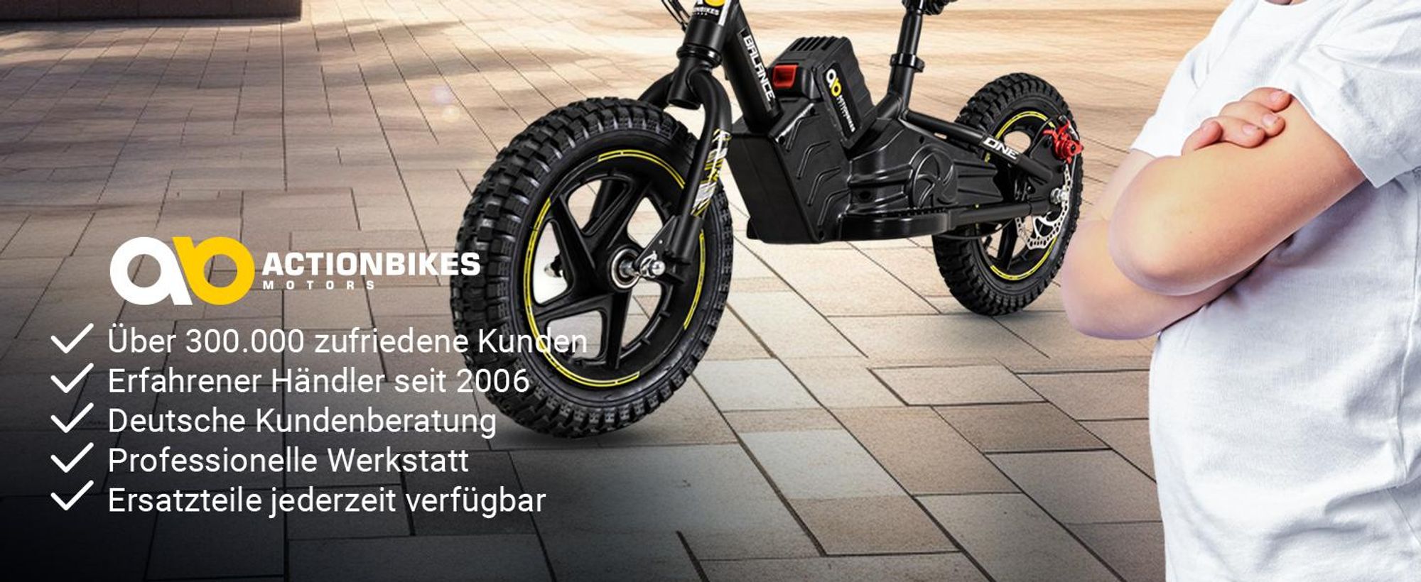 Actionbikes Motors Kinder Balance Bike 12 Zoll | Elektrofahrrad - Elektrofahrzeug - Fahrrad - 250 Watt - Scheibenbremsen - ab 3 Jahren (Schwarz/Gelb)