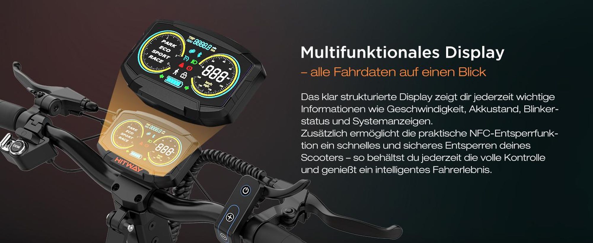 HITWAY E Scooter mit Straßenzulassung ABE, Elektroscooter mit 250W*2 Motor Spitze 1800*2, 10 " Offroad Luftreifen ,52V 23.4Ah,APP, NFC,Max 100 KM,IPX6