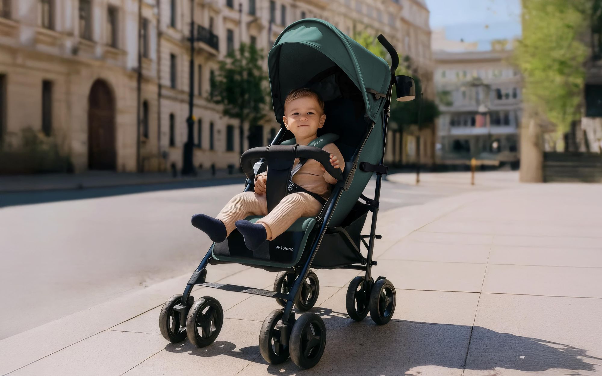 Tulano Davos 35 Kinderwagen Buggy grün, ab 6 Monaten, klappbar, mit XXL-Verdeck, Beindecke, PolyurethanRädern, Moskitonetz & Getränkehalter