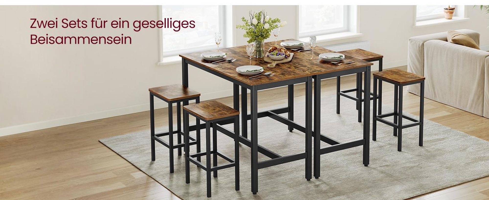 VASAGLE Bartisch Bartisch-Set, Esstisch(120 x 60 x 90 cm) mit 2 Barhochern