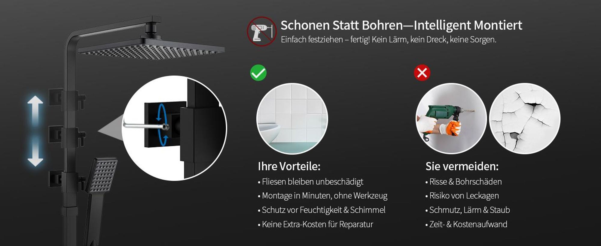 HOMELODY Duschsystem mit Thermostat 38℃ Duscharmatur Schwarz Regendusche Duschset, verstellbare Edelstahl Duschstange Duschset, Messing