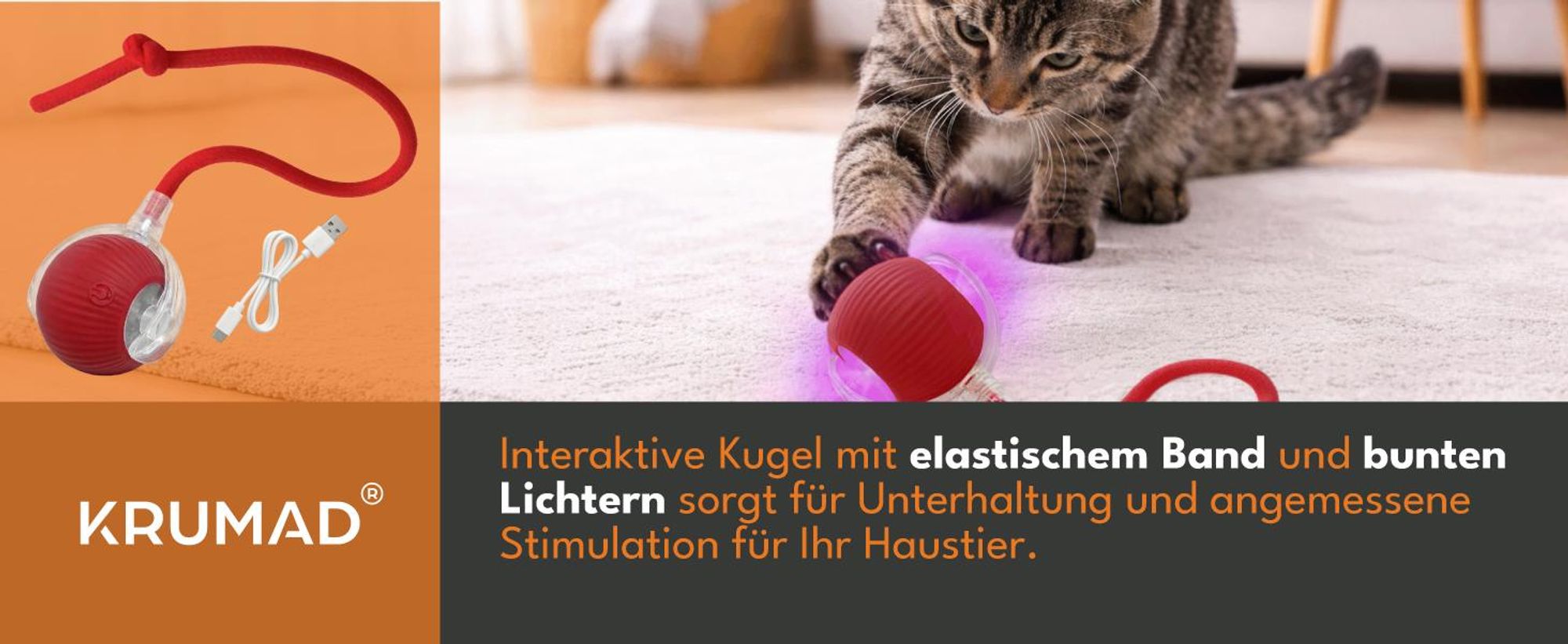 KRUMAD Interaktiver Katzenball mit LED und Schwanz, Elektrisches Katzenspielzeug USB Aufladbar, Spielball für Katzen Zuhause, Rot