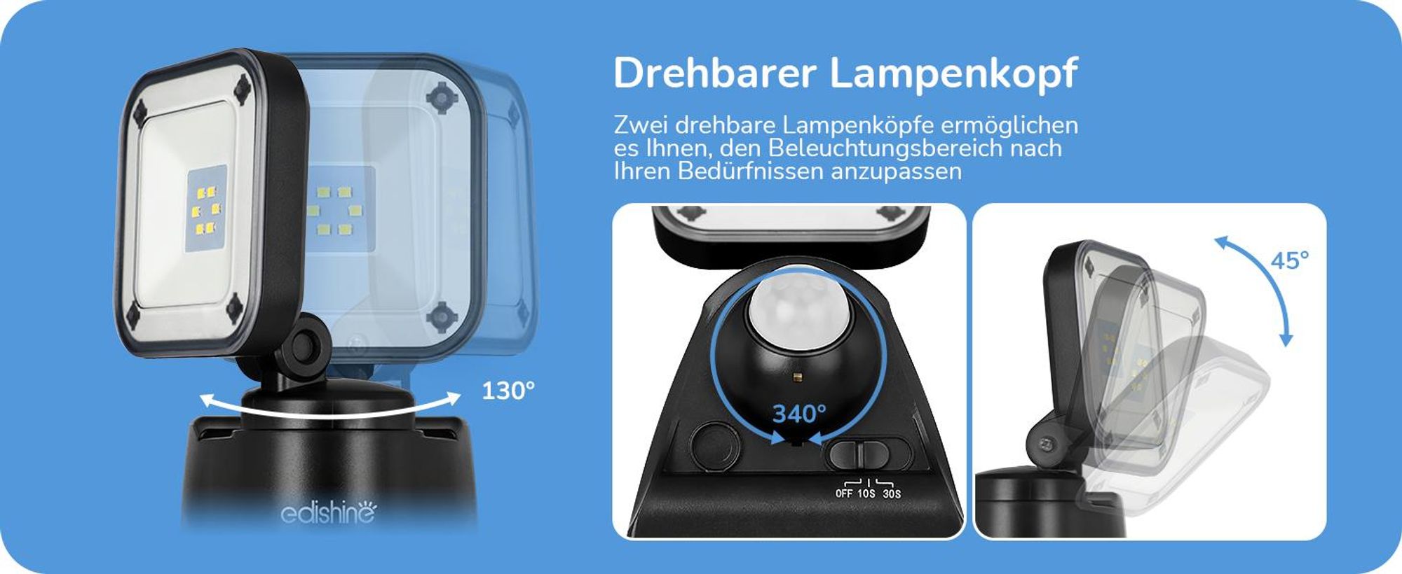 EDISHINE LED Strahler mit Bewegungsmelder, wetterfeste Außenstrahler mit Batterie, Außenlampe