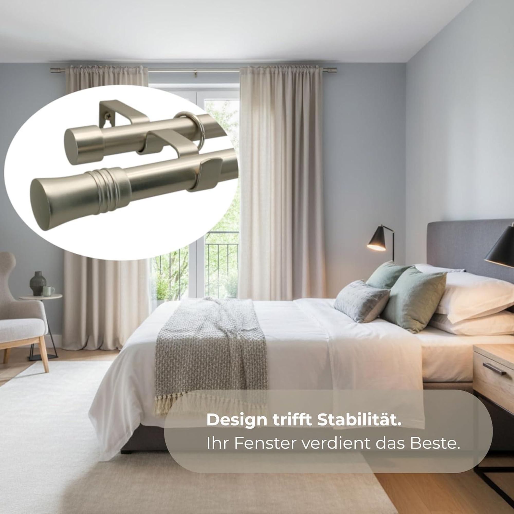 LOFT 360 cm Doppelte Gardinenstange 19 mm aus Metall mit Endstück FREZ Komplettset mit Ringen und Clips Inklusive Montagezubehörset Farbe Satin