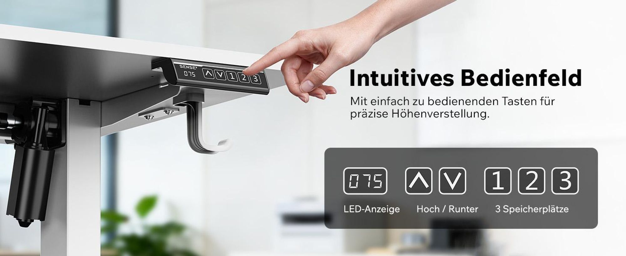SENSE7 NOJO Light Elektrisch Höhenverstellbares Schreibtischgestell | 72-118cm, Memory-Funktion, Kopfhörerhalter, Max. 70kg, Stahl-Tischgestell