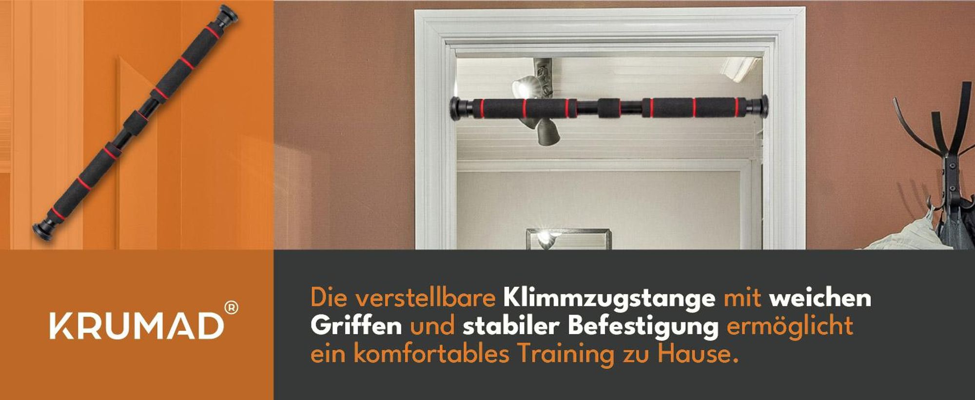 KRUMAD Klimmzugstange für Türrahmen, Pull Up Bar, Türreck ohne Bohren, verstellbar 63–99 cm, Trainingsstange für Home Gym & Fitness