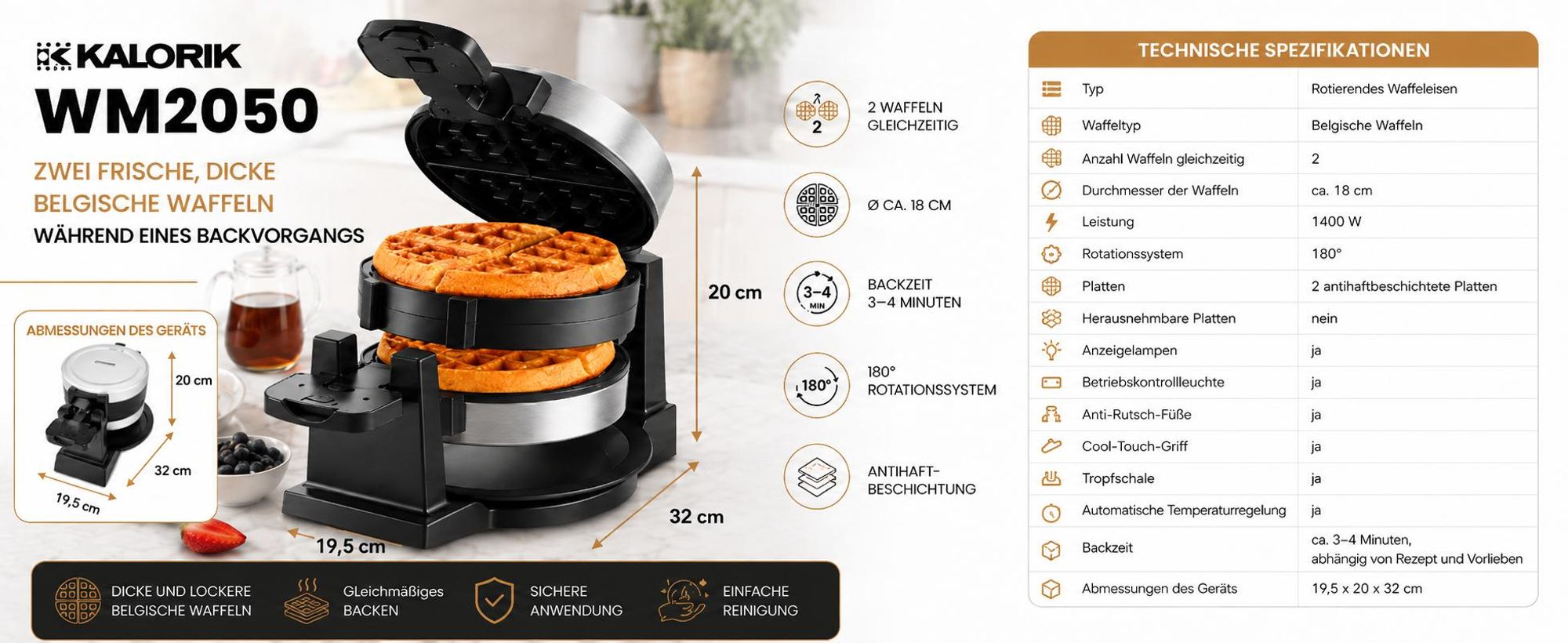 Waffeleisen 1400W Drehbar Doppel Wm2050 2 Belgische Waffeln 180° Leistungsstark