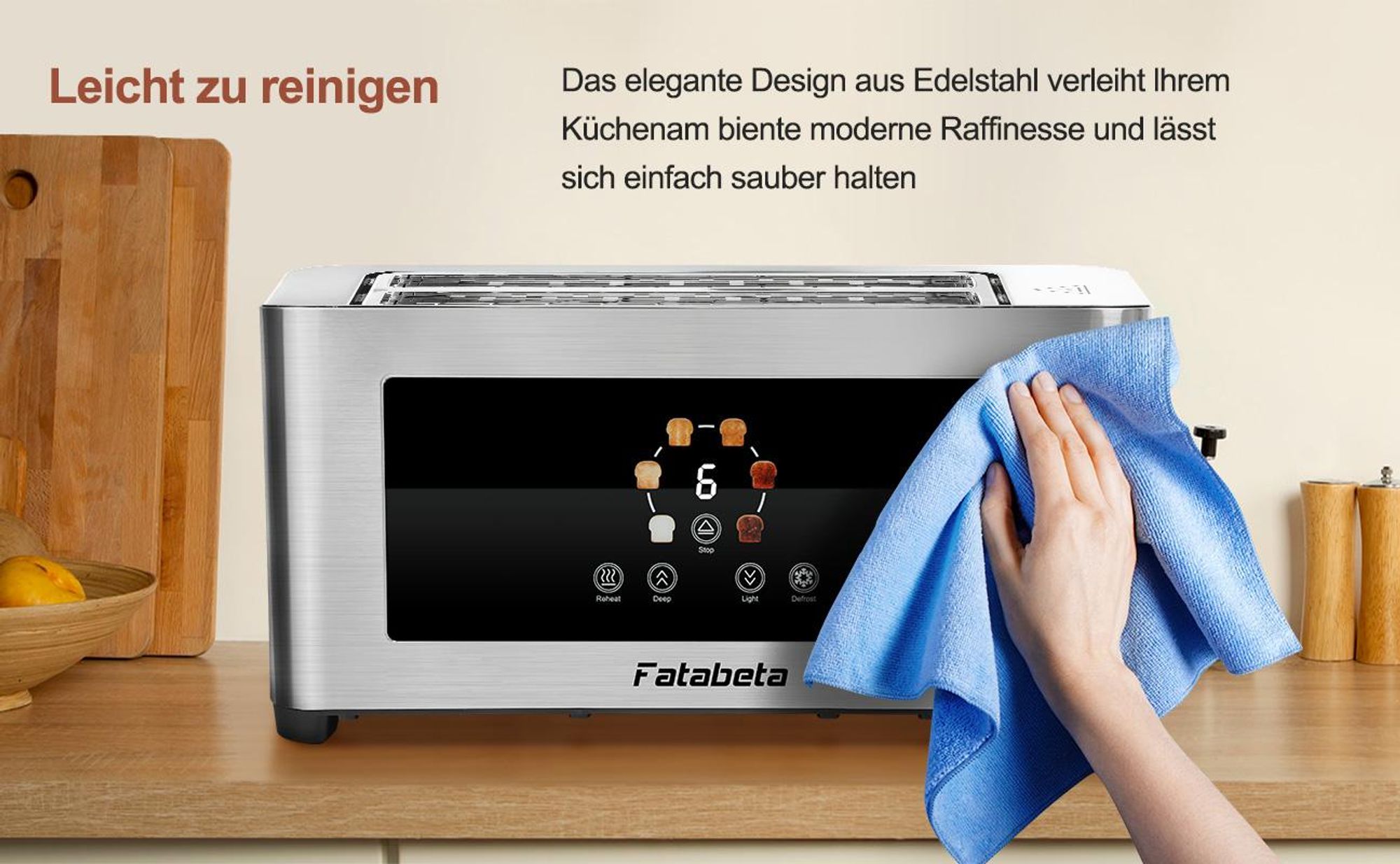 FATABETA Toaster Edelstahl 4 Scheiben, 1400 W Langschlitz mit Touchscreen & LED, 6 Bräunungsstufen, Auftau-/Aufwärmfunktion, Brötchenaufsatz, Silber