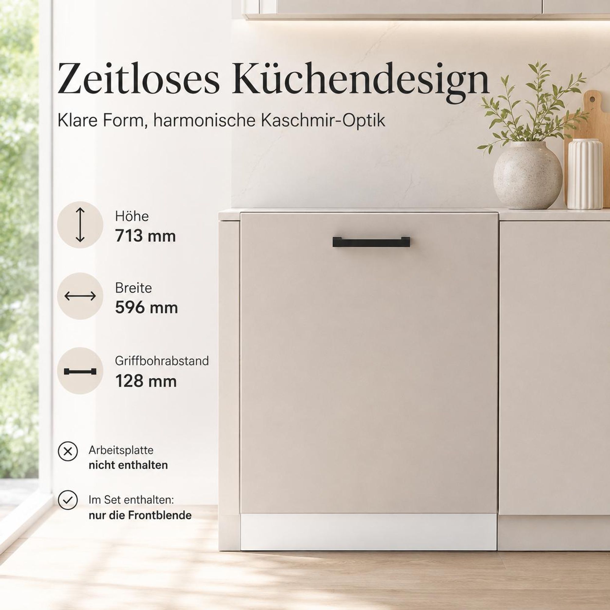 Eingebaute Geschirrspülerfront in Kaschmir-Optik für ein modernes Küchendesign.