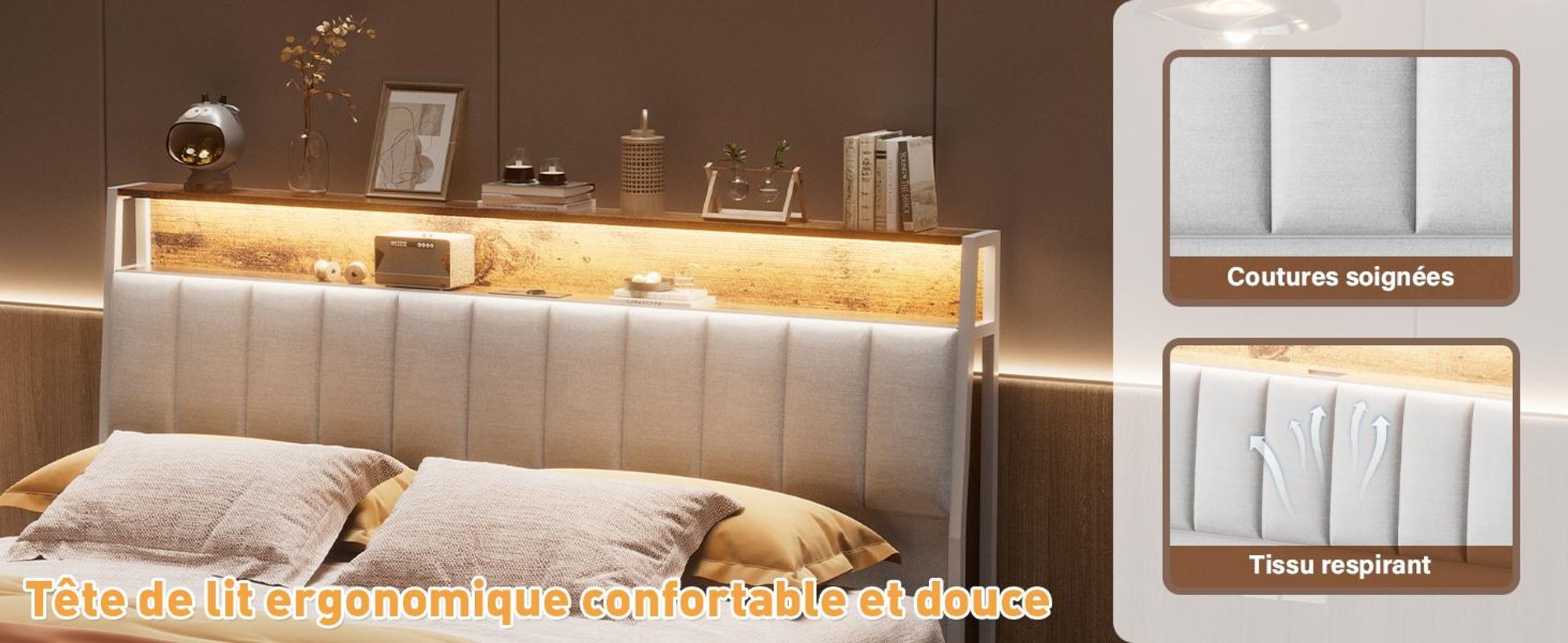 DEWINNER Cadre de lit, 140 x 200 avec Sommier en métal, lit 2 Personnes, avec lumières LED et Prises Multiples (1 Prise AC, 2 Ports USB)