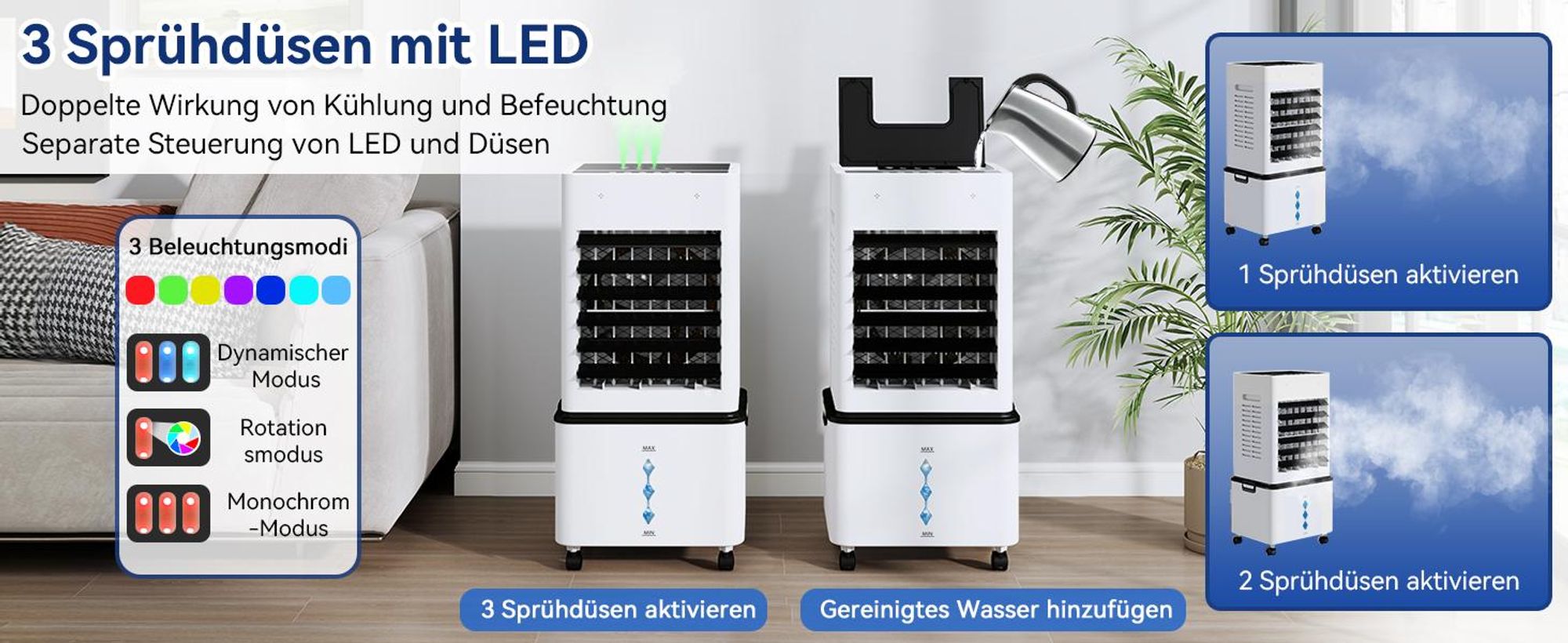 Puluomis 10L Luftkühler mit 3 Sprühdüsen und LED Beleuchtung, 3-in-1 Ventilator mit Fernbedienung, 3 Modi, 6 Stufen, 24h Timer, Mobile Klimageräte