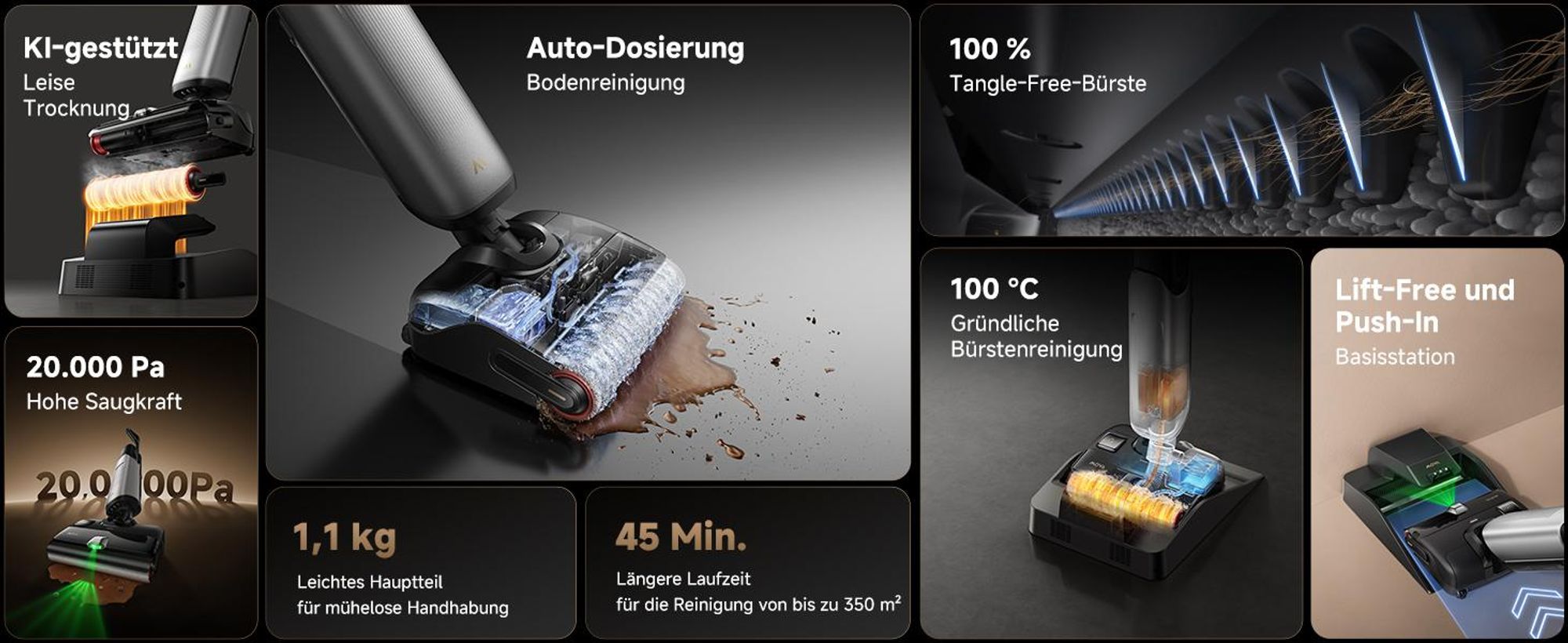 Mova X4 Plus Nass-Trocken-Sauger, 20.000 Pa Saugkraft, Auto-Reinigungslösung, Tangle-Free-Design, Selbstreinigung 100 °C, Push-In-Basisstation