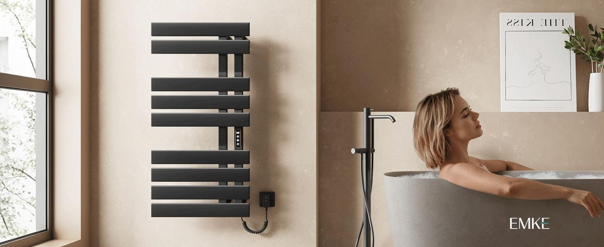 EMKE Handtuchwärmer elektrisch Intelligente Badheizkörper, 1000X500mm 320W Recht Anschluss Handtuchheizkörper Wifi APP Steurung Touch LCD Timer 1-9H, IPX5 Schwarz