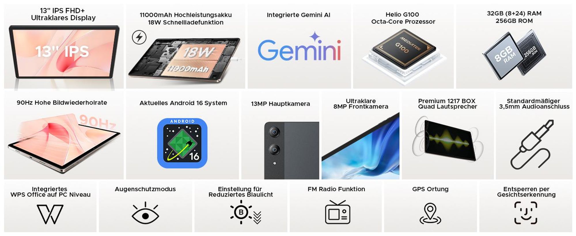 DOOGEE Tab E3 Pro - Tablet, Android 16, 13 Zoll, 32GB+256GB, 4G LTE, 90Hz,11000mAh/18W, Vier Trompeten