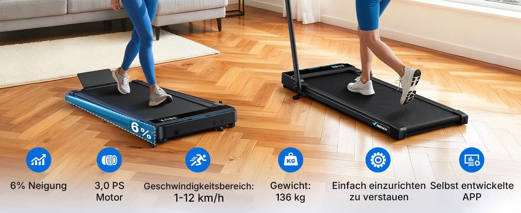 Merach 2-in-1 Laufband mit 6 % Steigung, 1–12 km/h, 3,0 PS, App, Fernbedienung, bis 136 kg, LED-Display Walking Pad