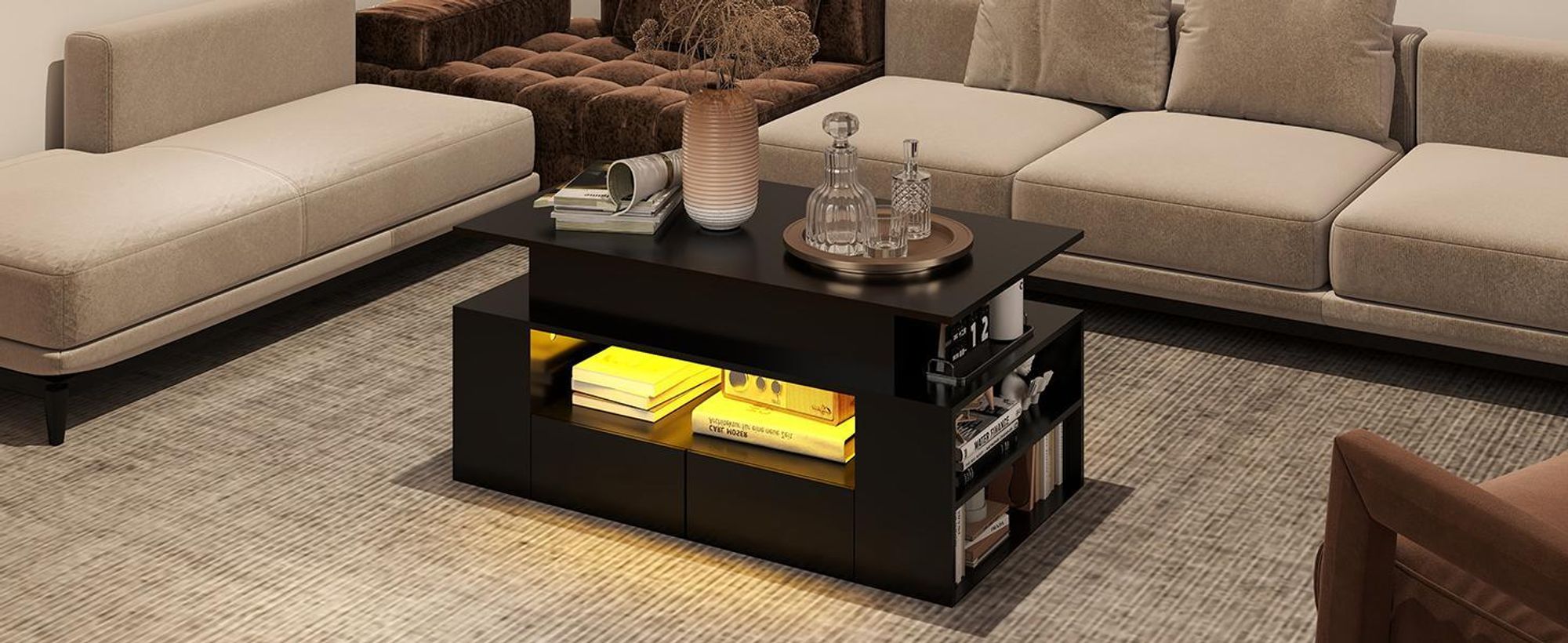 Puluomis Couchtisch mit Schublade, Abhebbarer Tischplatte, RGB Lichtleiste mit App Steuerung Kaffeetisch Schreibtisch Sofatisch für Wohnzimmer schwarz