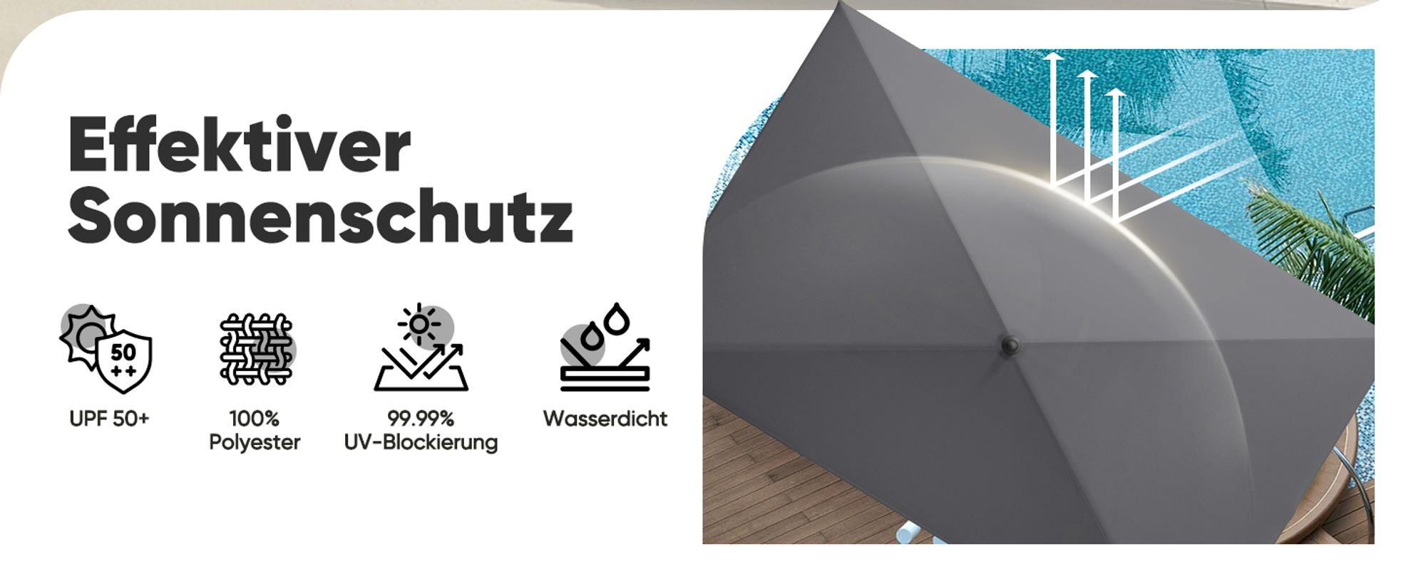 Sekey Sonnenschirm Balkon Rechteckig 200×125 cm Balkonschirm mit Tragetasche Neigungswinkel & Höhe verstellbar Sonnenschutz UPF 50+, Grau