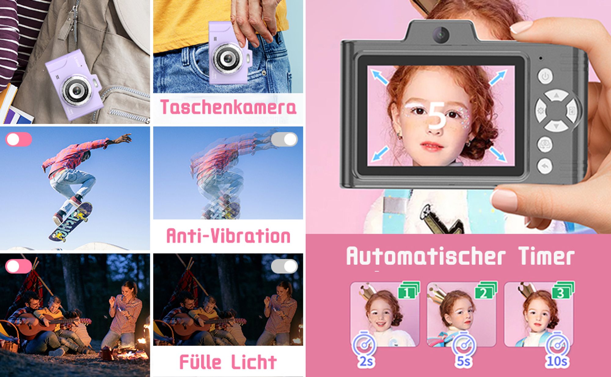 ZELURXX Digitalkamera, mit Doppelkamera, 4800W, 2,8“ IPS Bildschirm, 8x Zoom, 32G, mit Blitzlicht, Studentenkamera, für Studenten, Anfänger, Schwarz
