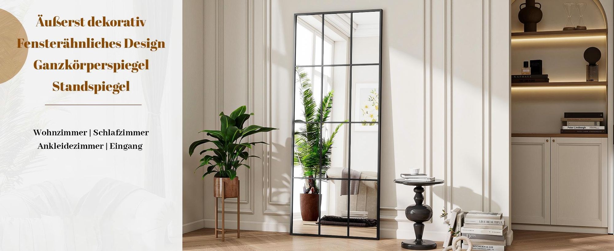 Koonmi 64x175 cm Fensterscheibe Ganzkörperspiegel - Dekorative Vollkörper mit Metallrahmen hängend Schrägung für den Eingang, Wohnzimmer, Schwarz