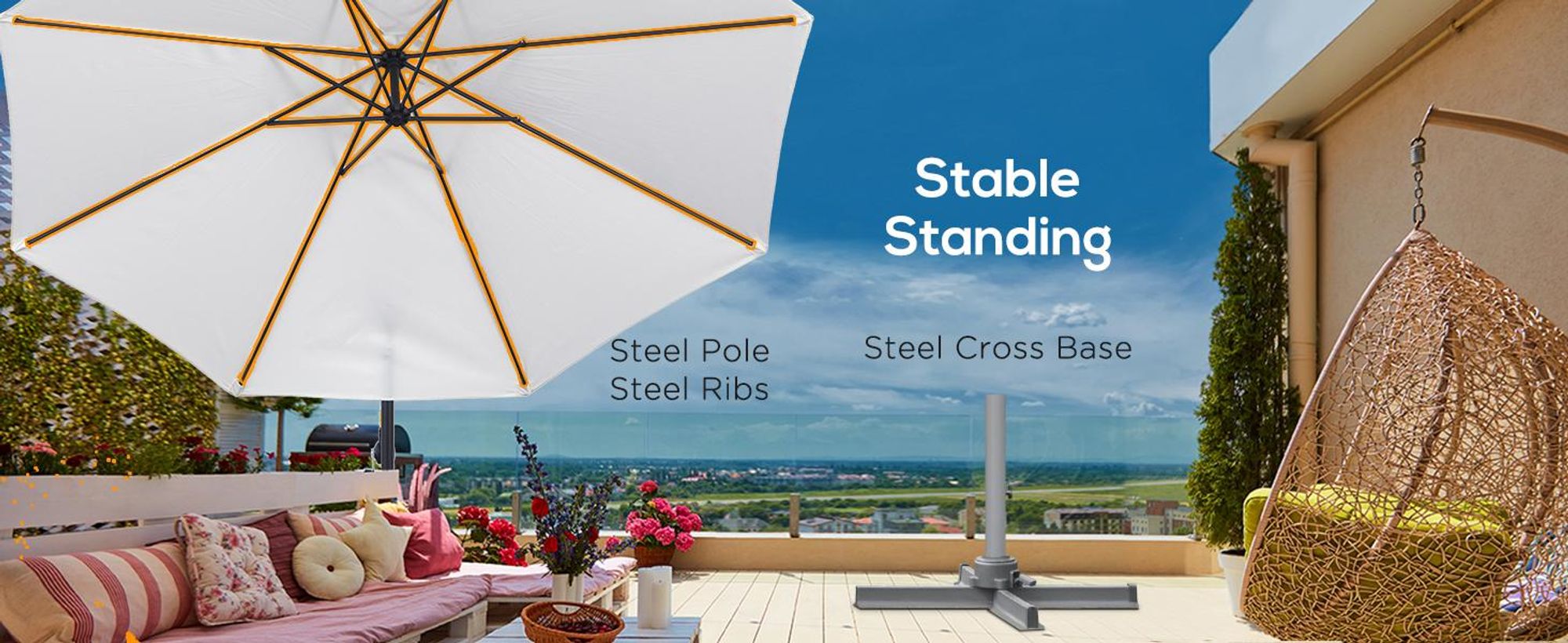 Parasol ogrodowy Outsunny Ø300 cm, uchylny, z ochroną UV, parasol z korbką, stojakiem, mechanizmem korbowym, parasol ogrodowy, ochrona przeciwsłoneczna na balkon, taras, kremowo-biały