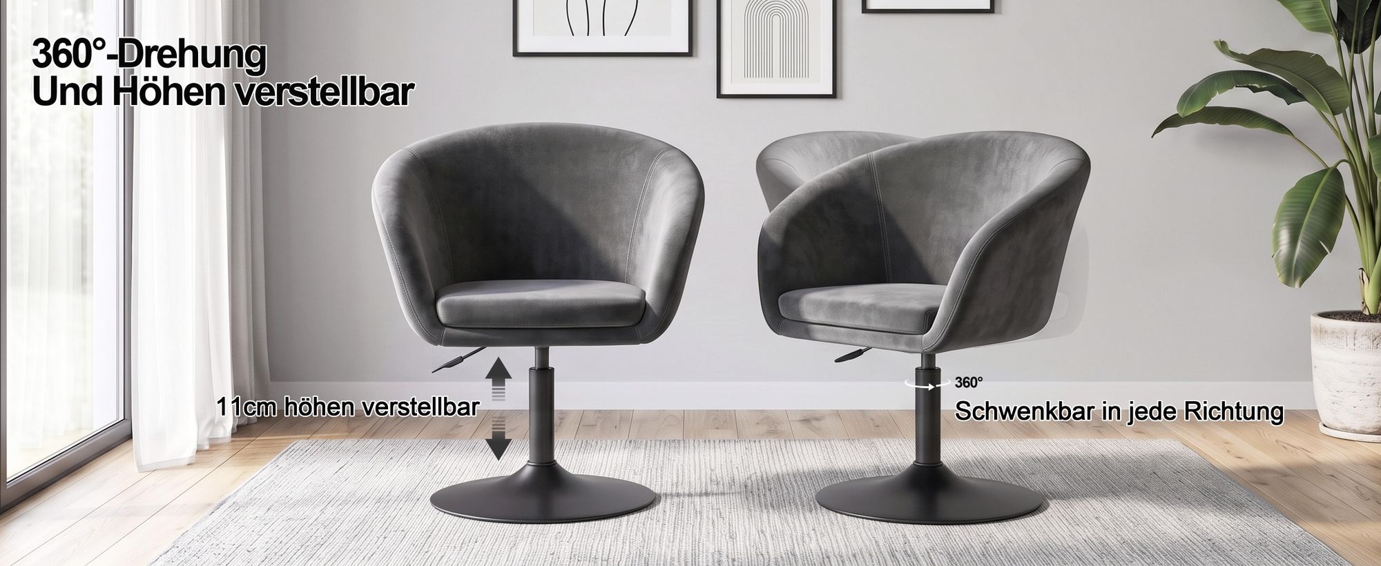 Duhome Clubsessel Cocktailsessel aus Samt Loungesessel Höhenverstellbar Drehhocker mit Armlehne und Rücklehne, Grau
