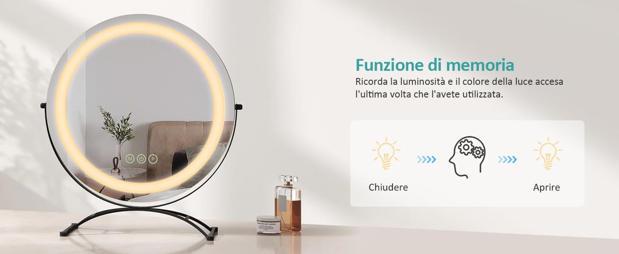 Specchio da trucco EMKE con illuminazione, specchio Hollywood con 3 colori di luce, specchio da trucco smart touch control con luce ruotabile a 360°, luminosità regolabile e funzione di memoria (Φ400mm, nero)