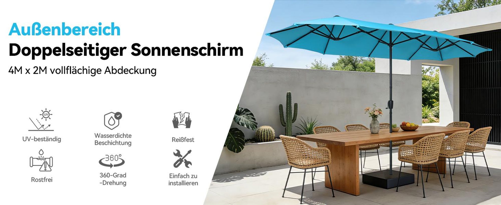 Puluomis Sonnenschirm 400 x 200 x238cm UPF 50+ mit Kurbel ohne Ständer Balkonschirm Strandschirm Marktschirm Gartenschirm Blau
