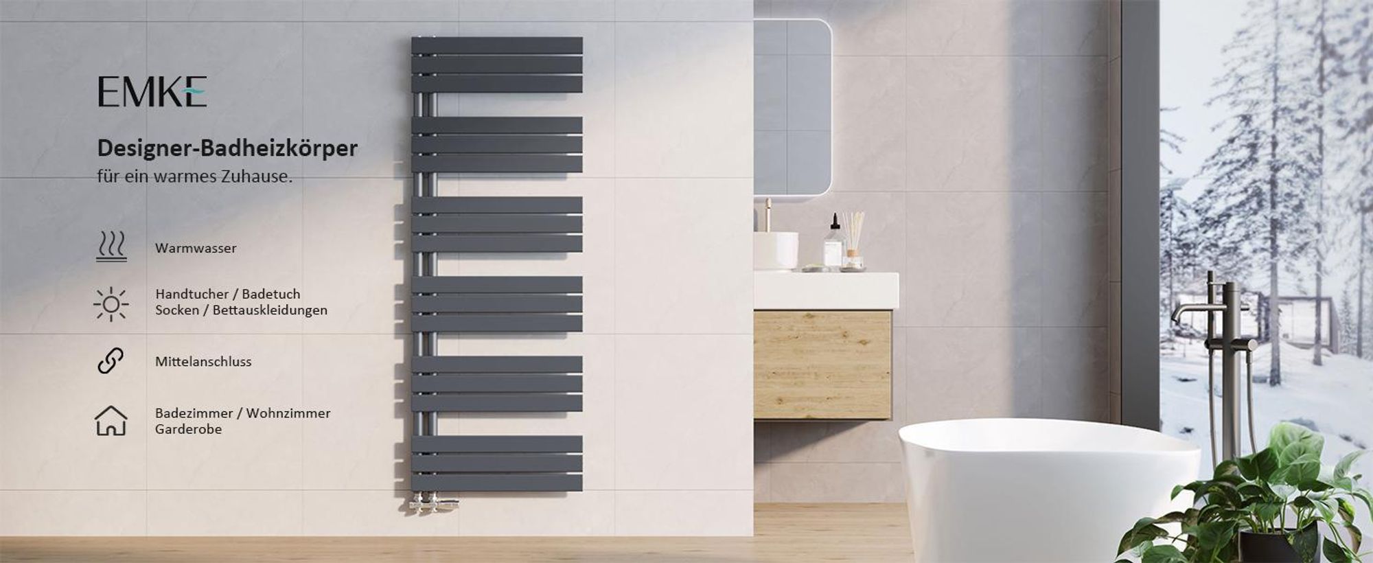EMKE Handtuchtrockner Badheizkörper Paneelheizkörper Seitenanschluss Wandmontage Warmwasser 1041 x 600 mm Anthrazit ohne Heizstab