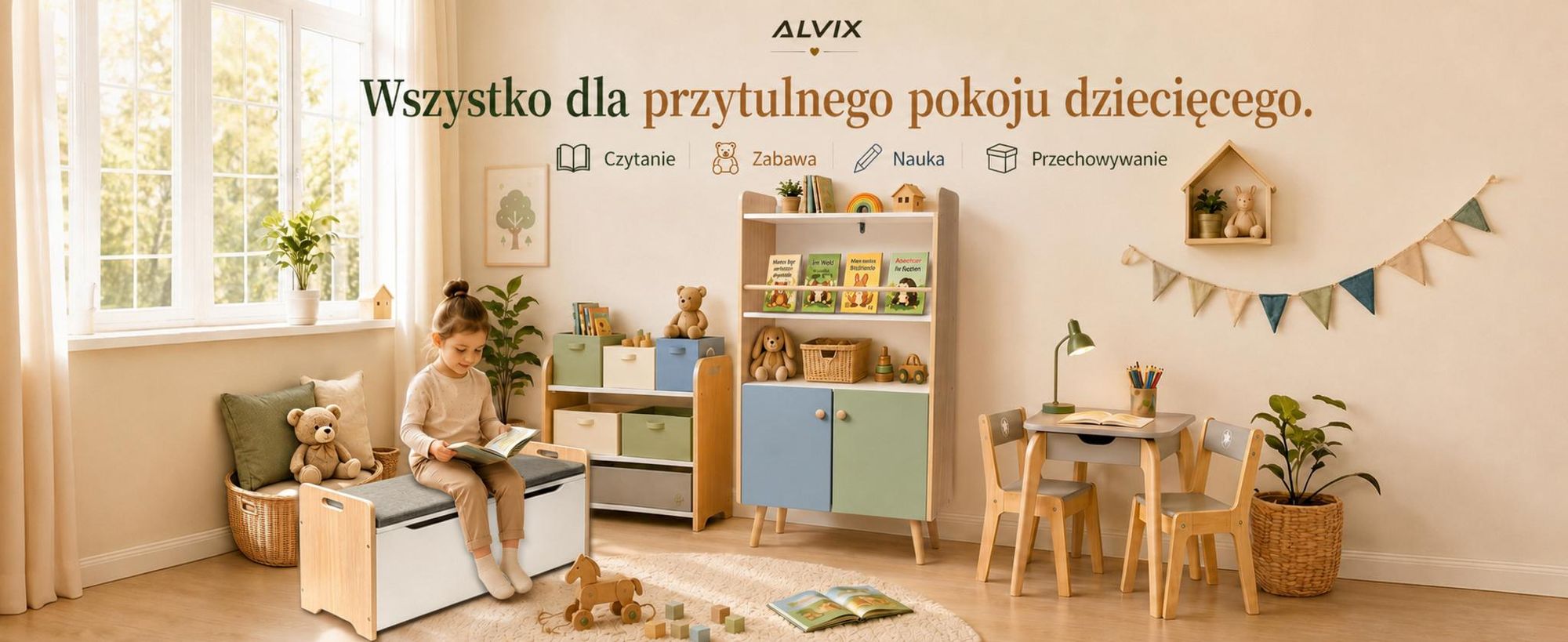 Półka na książki dla dzieci ALVIX NESTA 4 z 2 drzwiczkami, regał Montessori dla dzieci z półką na książki, półką na zabawki i szafką do przechowywania, wyposażona w zabezpieczenie przed przewróceniem