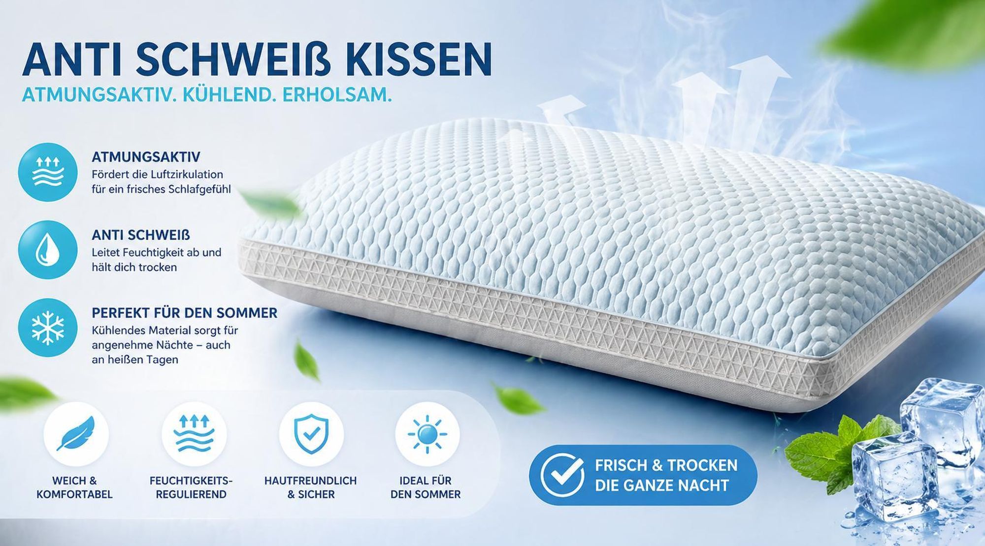 Kühles Kopfkissen Ergonomisch Atmungsaktiv Sommer Kissen Nackenkissen Weich für alle Schlafpositionen Komfort Schlafkissen YaLiva_Decor®