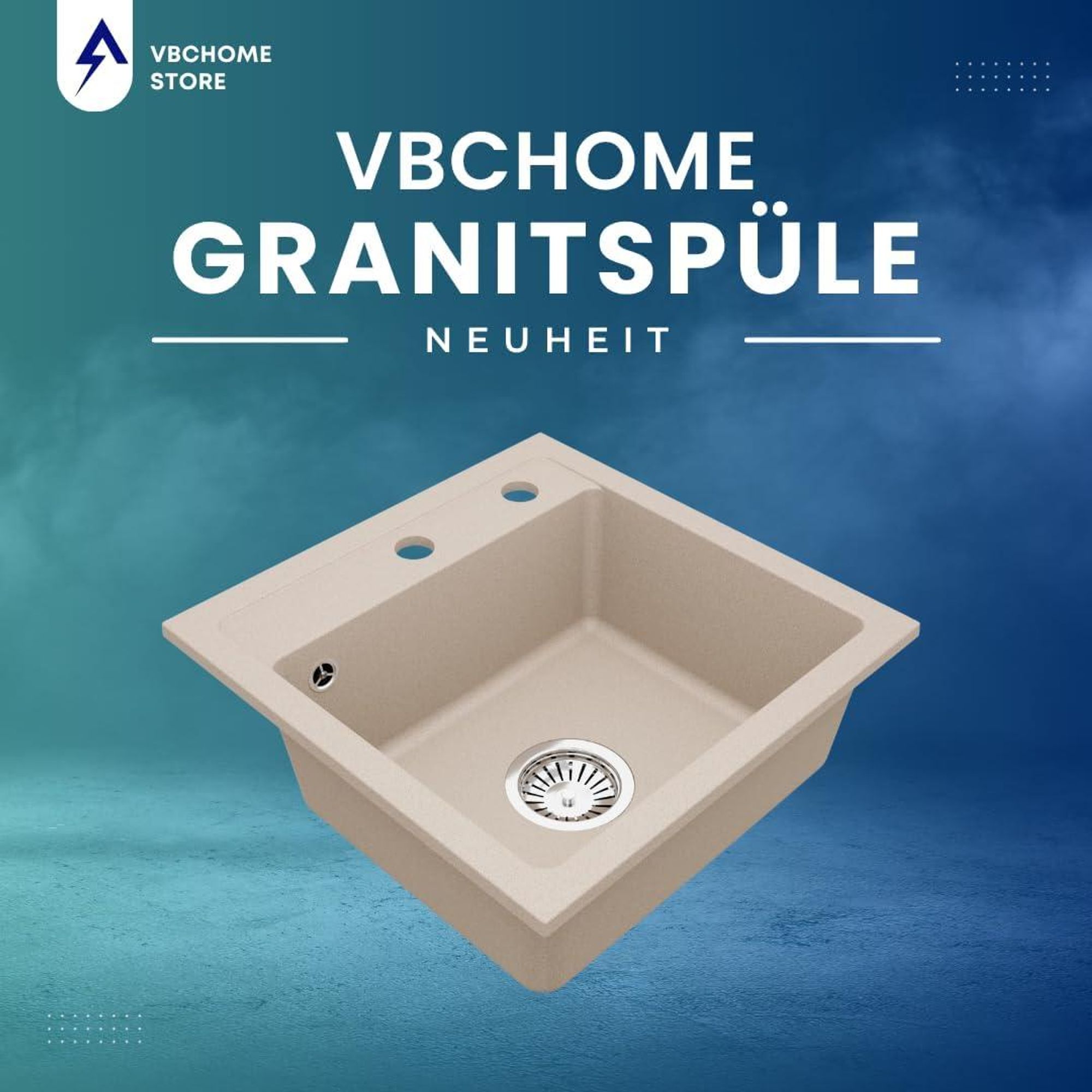 VBChome Granitspüle 44 x 44 cm Beige mit flexibler Armatur Einzelbecken Einbauspüle Gesprenkelt Pflegeleichtes Spülbecken mit Siphon