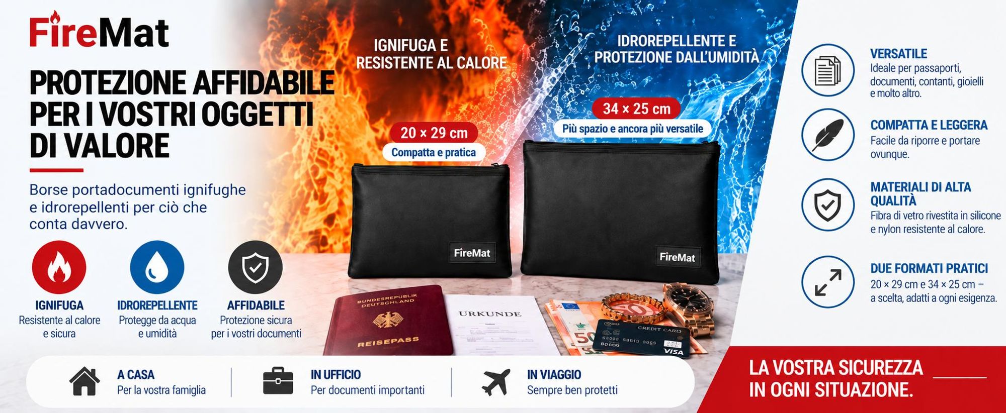 Custodia ignifuga e idrorepellente FireMat per documenti e oggetti di valore.