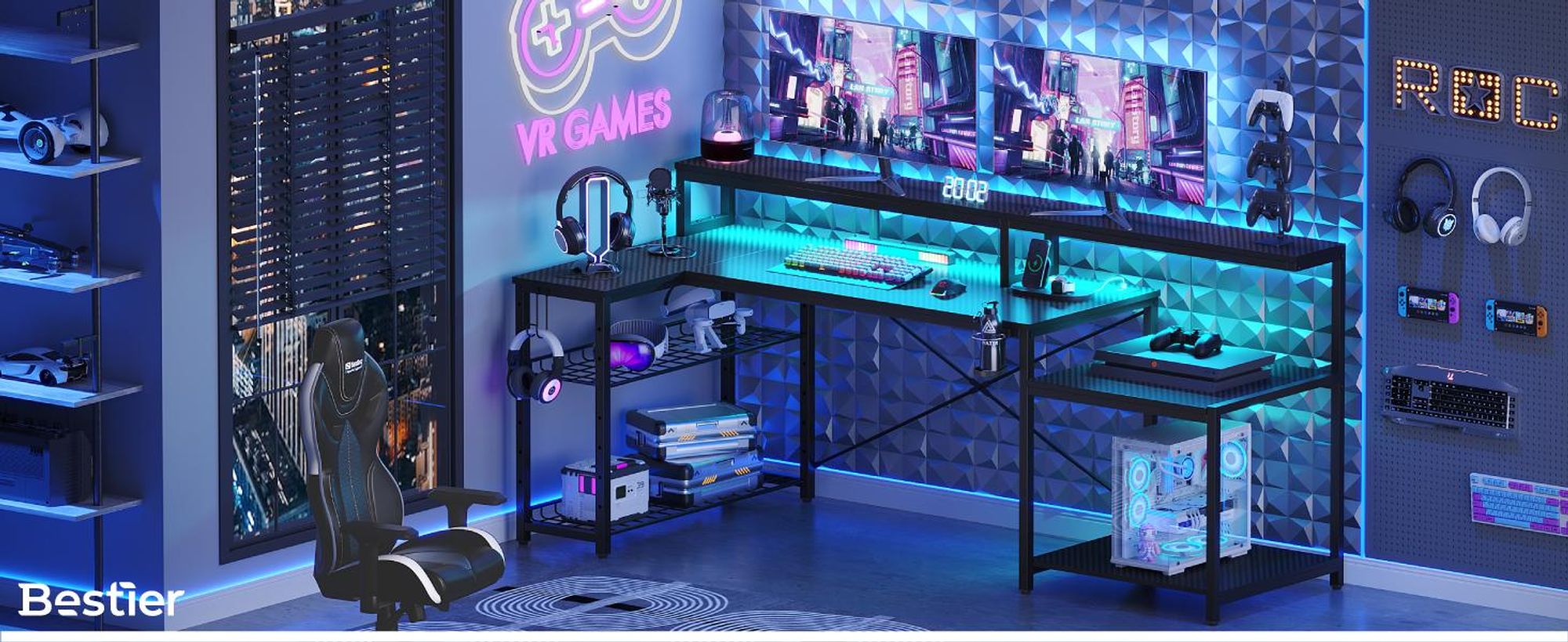 Bestier Computertisch, Gamer Schreibtisch L-Förmig mit LED Beleuchtung, Schreibtisch, Steckdose & USB -Eckschreibtisch 181x80cm - Kohlefaser