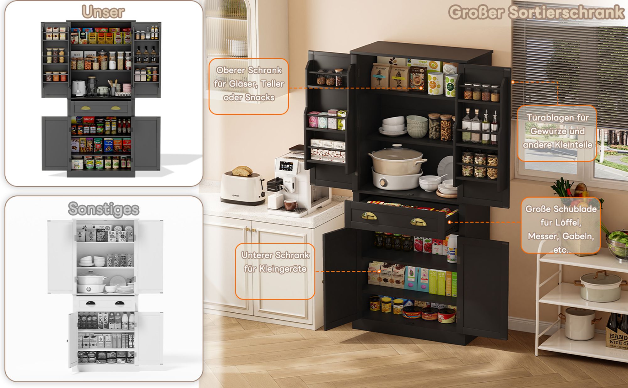 Flieks Hochschrank, Küchenschrank mit 6 Staufächer, Aufbewahrungsschrank für Küche, Esszimmer und Wohnzimmer, Schrank Schwarz