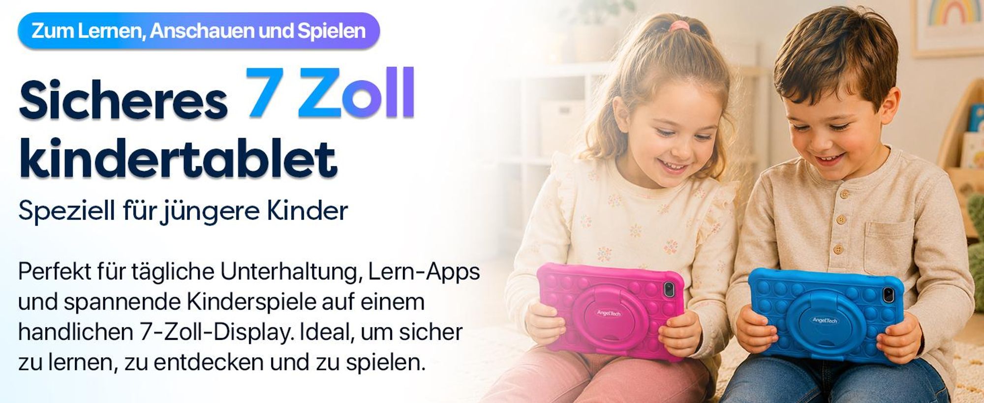 AngelTech Kindertablet SLIM - Android 15 - 3+4 GB RAM - 32+64 GB - 7 Zoll Kindertablet - Elterliche Kontrolle- Blau