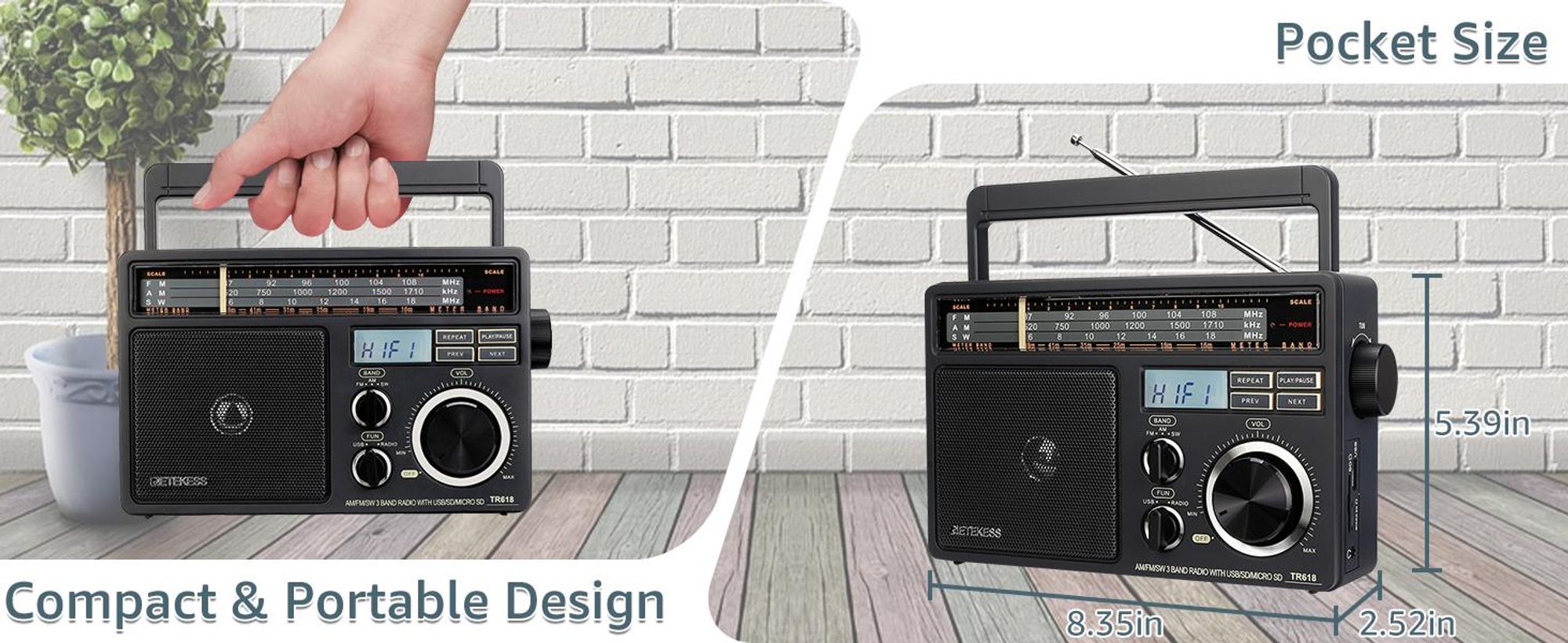 Przenośne radio Retekess TR618 zasilane bateryjnie, przenośne radio dla seniorów, AM FM SW, USB SD TF, kuchnia, Prezenty na Dzień Matki i Ojca(czarne)