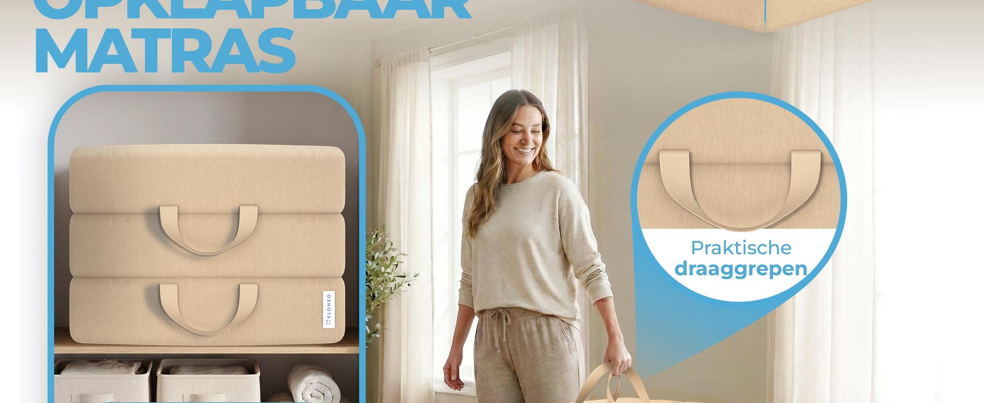 ELONEO Opklapbare matrassen, gastenmatrassen, 3-delige opvouwbare matrassen, extra dik schuim (15 cm), geschikt voor mensen met rugproblemen, opvouwbaar, (crèmekleur)