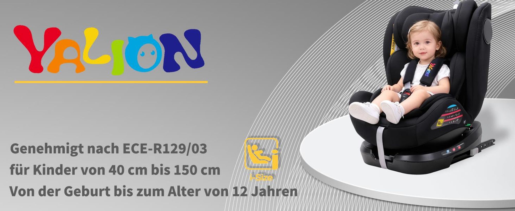 YALION 360° drehbarer Autokindersitz, Sitzerhöhung für Kinder von 40 cm bis 150 cm, 0-12 Jahre, mit 5-Punkt-Gurt und Top Tether, ECE R129/03 - Grau