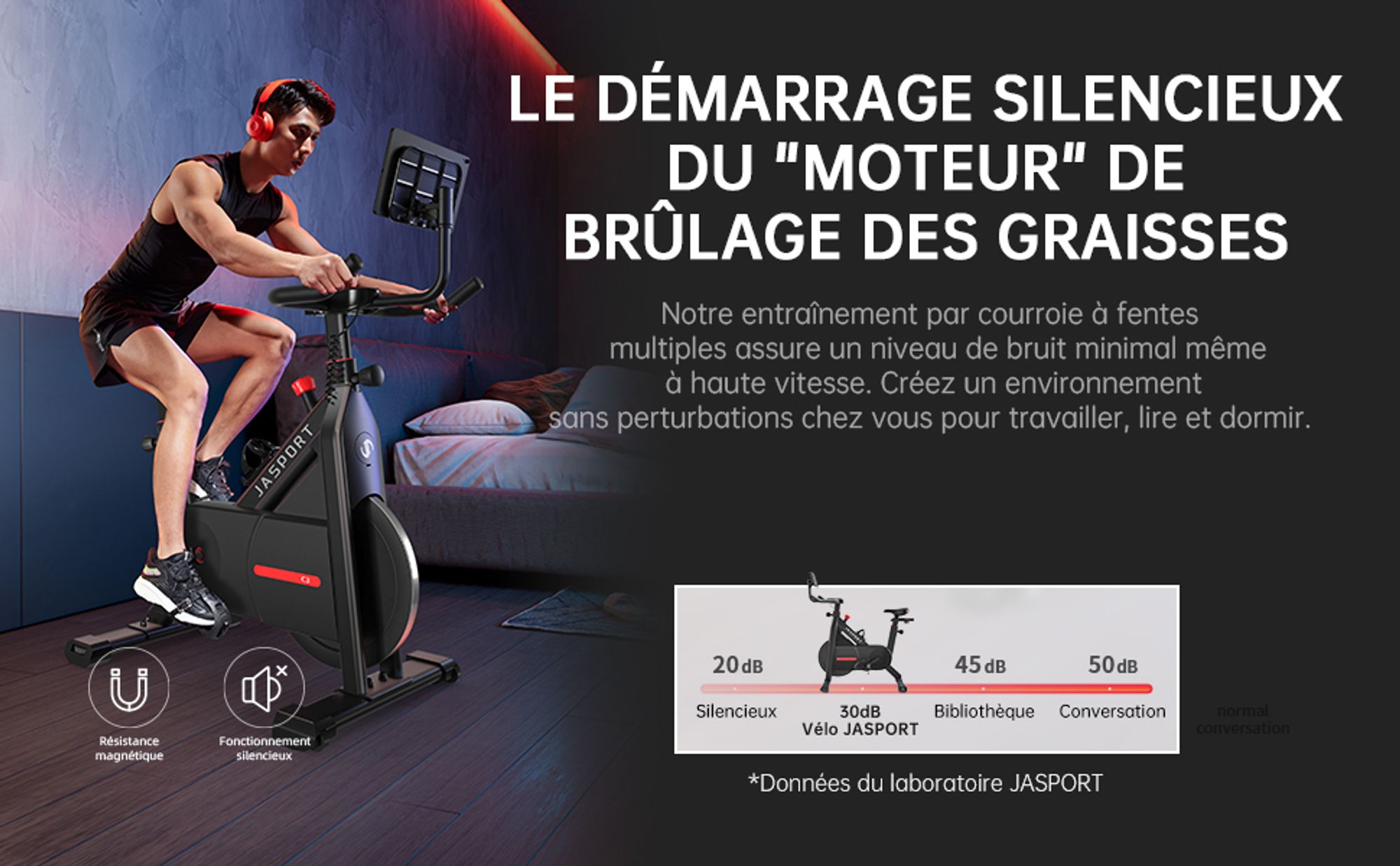 JASPORT C3 – vélo d’appartement connecté, résistance magnétique, silencieux, volant 7,5kg, app avec cours vidéo à la demande