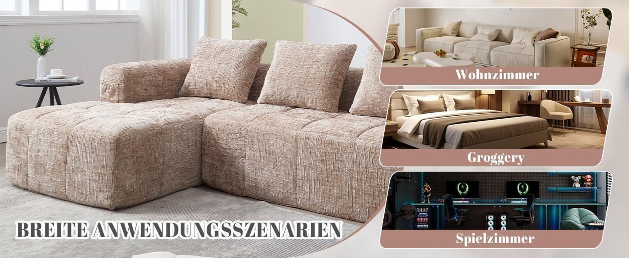 LVHOM Ecksofa mit Schlaffunktion L-Form, Schlafsofa mit Seitentaschen, 3-Sitzer, Wohnzimmersofa, Couch, Bettsofa, Polsterecke Couchgarnitur, Schwarz